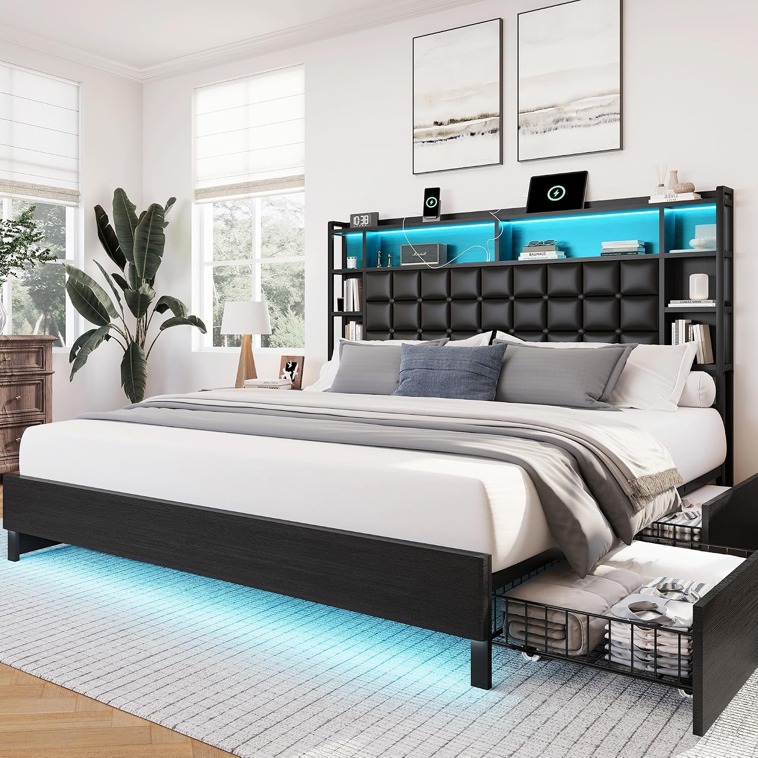 King Size Bed Frame With Storage Drawers - Cama King Size de Madeira com