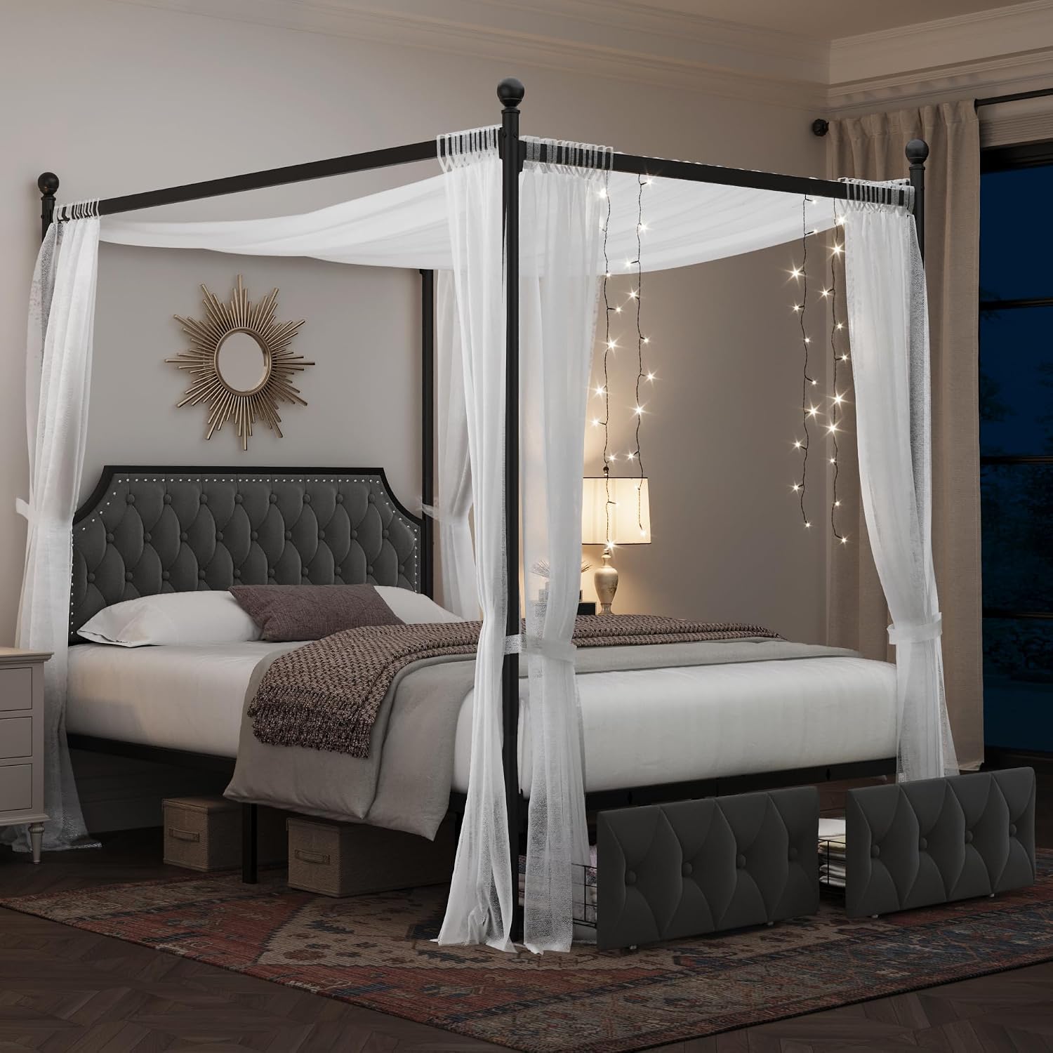 Canopy Bed Frame Metal Queen - Cama Queen com Dossel, com Gavetas
