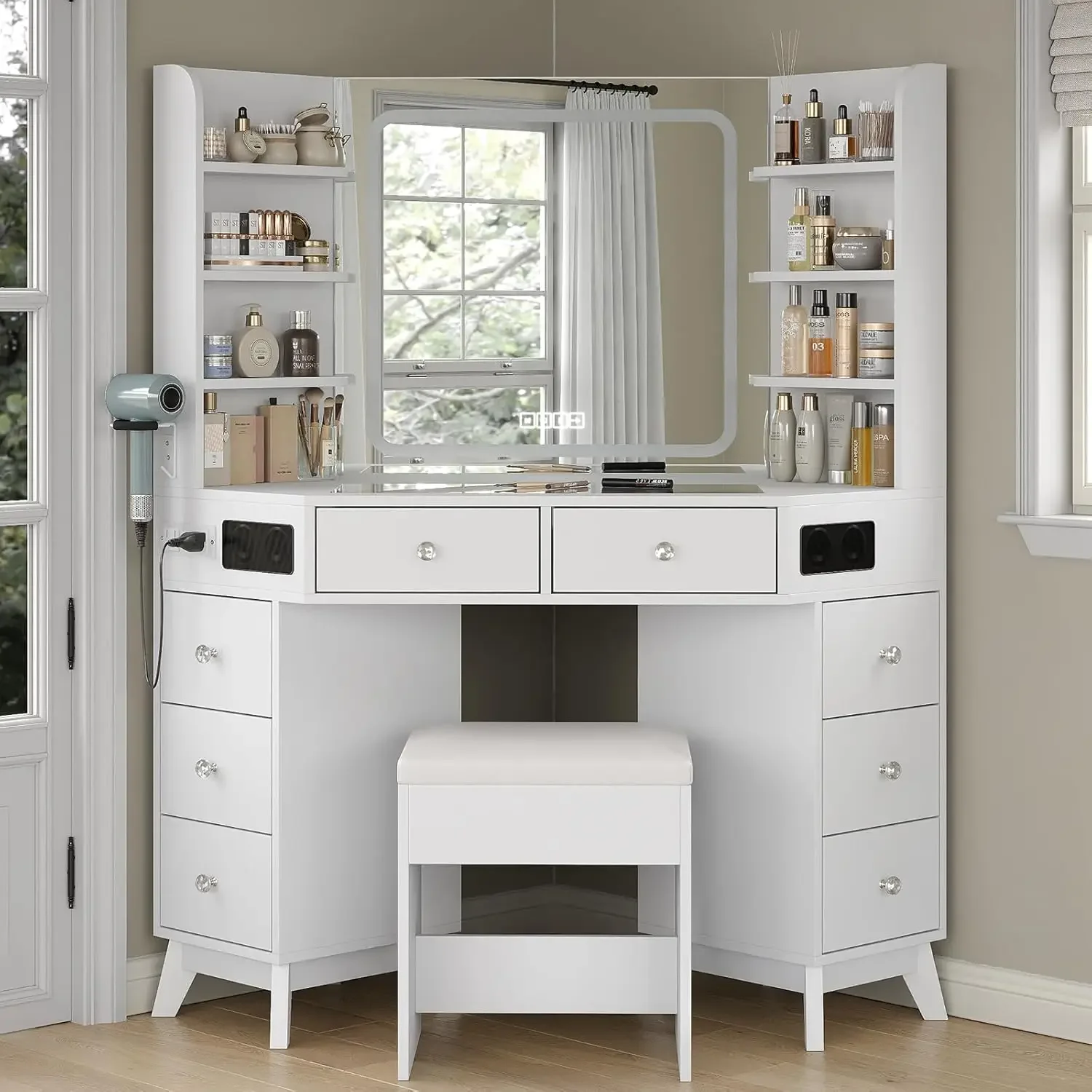 Dressing Table Vanity With Lighted Mirror - Penteadeira de Canto com Gavetas, Prateleiras,