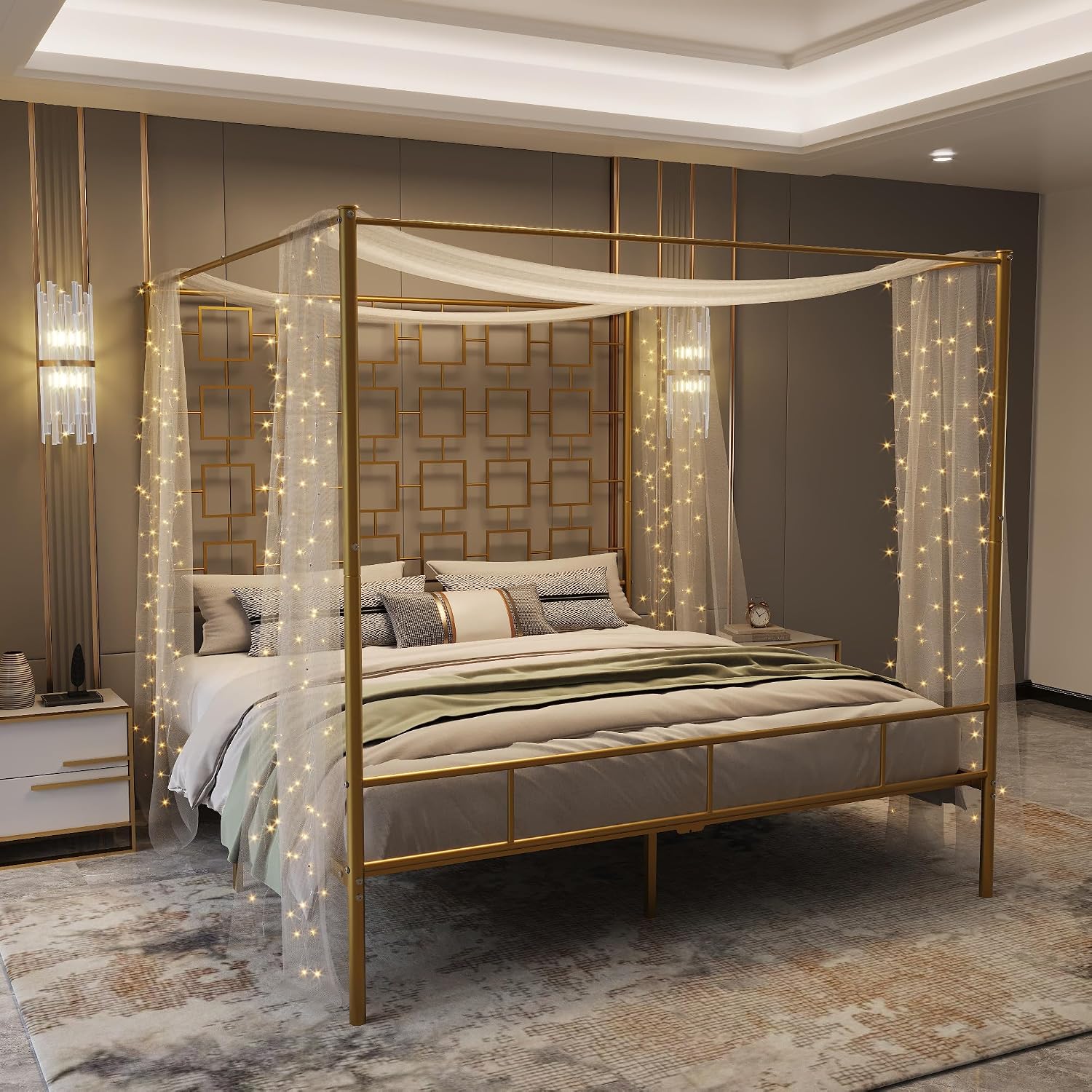 Canopy Bed Frame Metal Queen - Cama Queen Size com Dossel, Estrutura