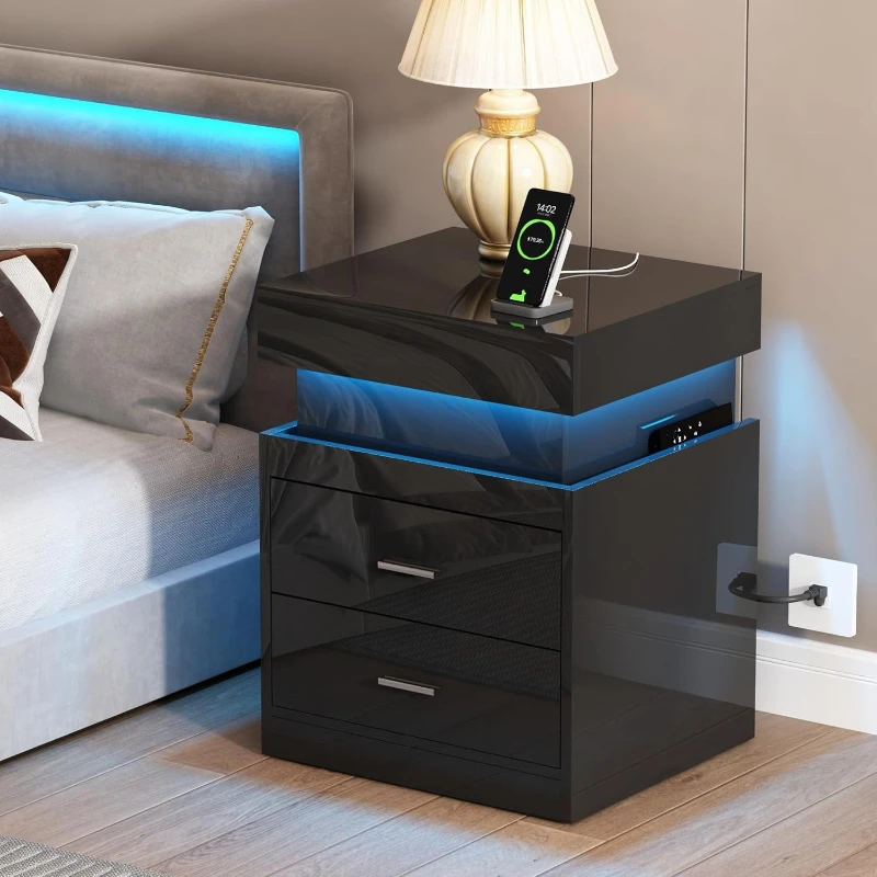 Solid Wood Nightstand 2 Drawers - Mesa de Cabeceira LED com Estação