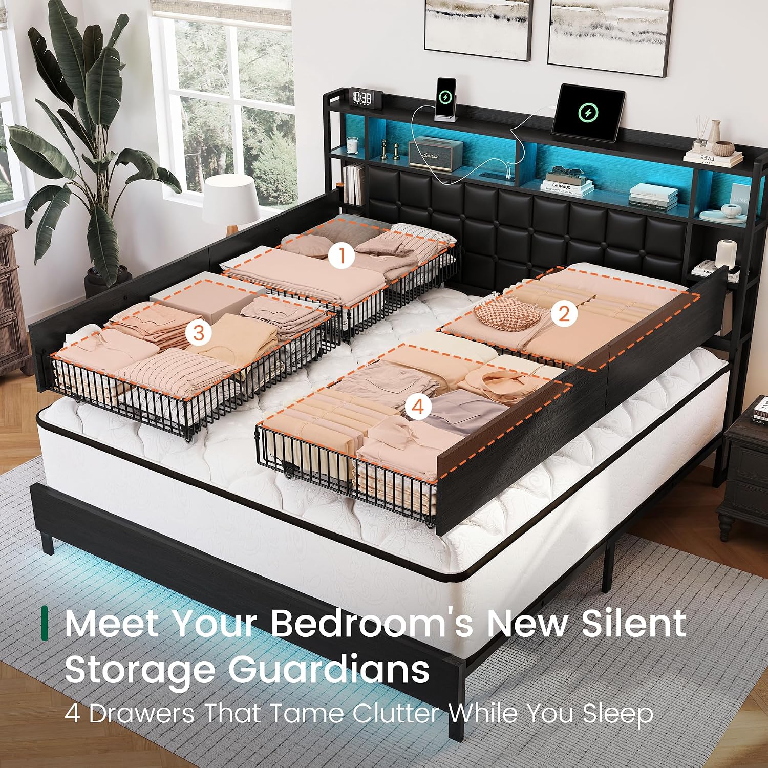 Cama King Size de Madeira com  - King Size Bed Frame With Storage Drawers avaliação e preço