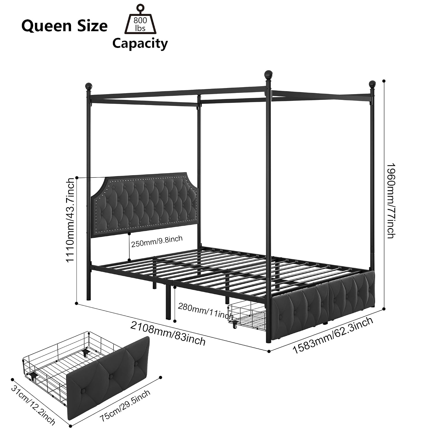 Cama Queen com Dossel, com Gav - Canopy Bed Frame Metal Queen avaliação e preço