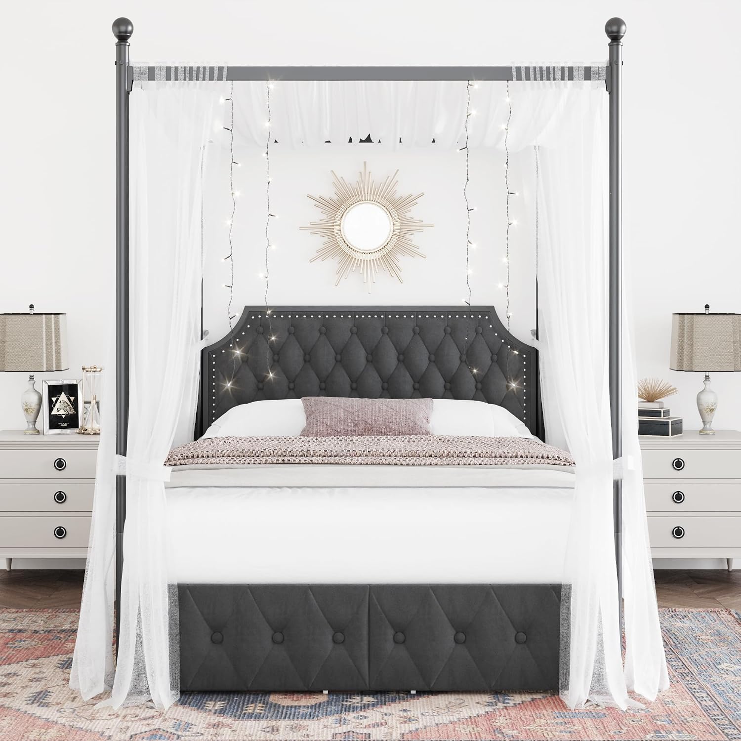 Cama Queen com Dossel, com Gav - Canopy Bed Frame Metal Queen avaliação e preço