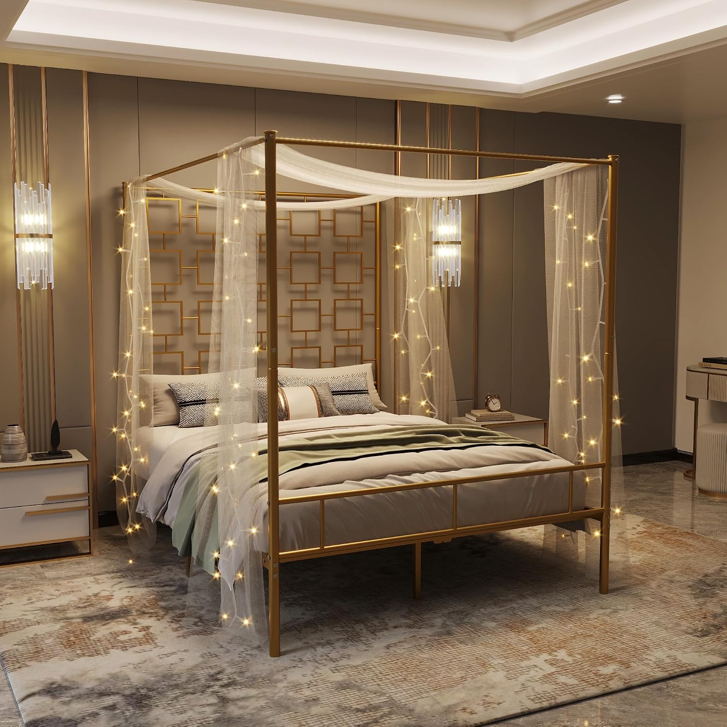 Cama Queen Size com Dossel, Es - Canopy Bed Frame Metal Queen avaliação e preço